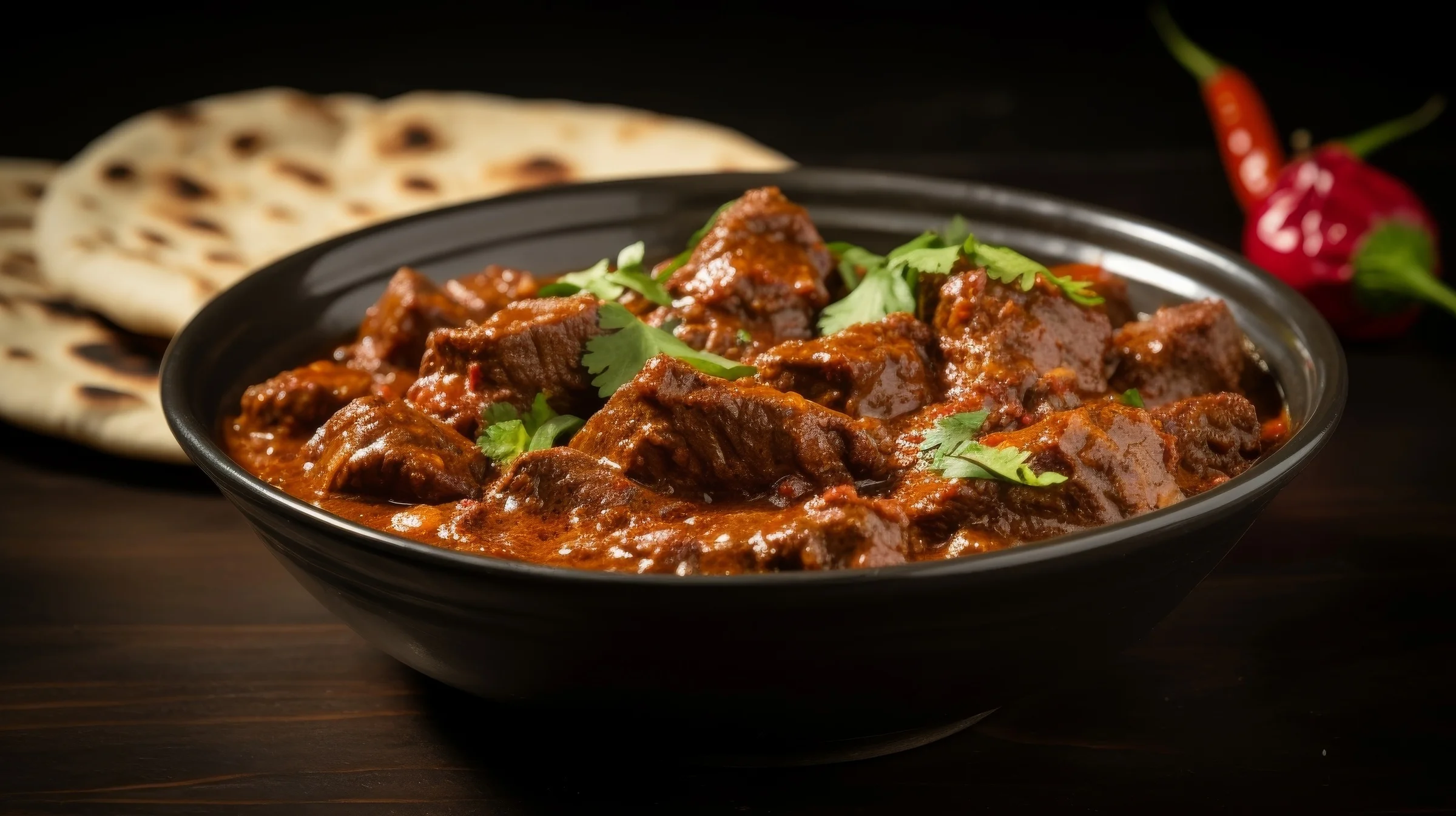 A bowl of Pakistani beef curry served with naan bread and a red chili on the side, showcasing vibrant colors and textures.
