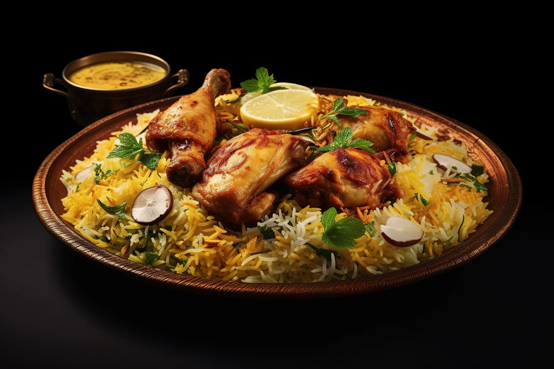 A vibrant plate of Pakistani chicken biryani served with fragrant rice and a slice of fresh lemon for garnish. 